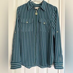 Michael Kors zip Front Green White Nautical Stripe Blouse Small M Gold Buttons
